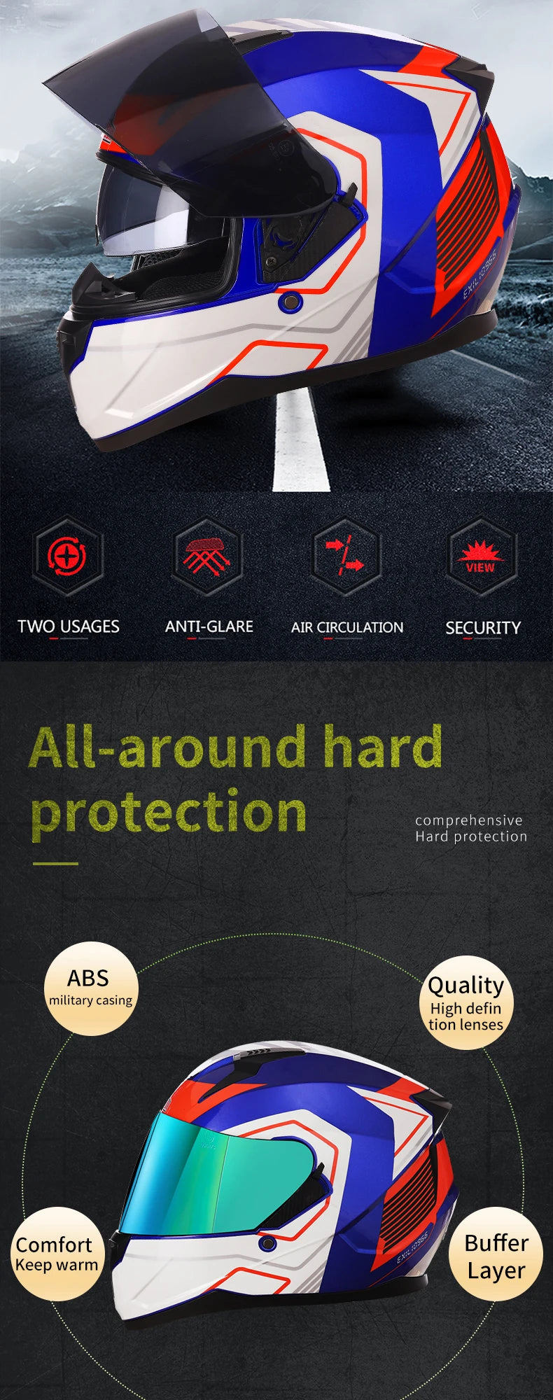 Motorcycle Helmet Full Face Double Lens Capacete Professional Men Women Four Seasons DOT ECE Approved Safety Protective Casco