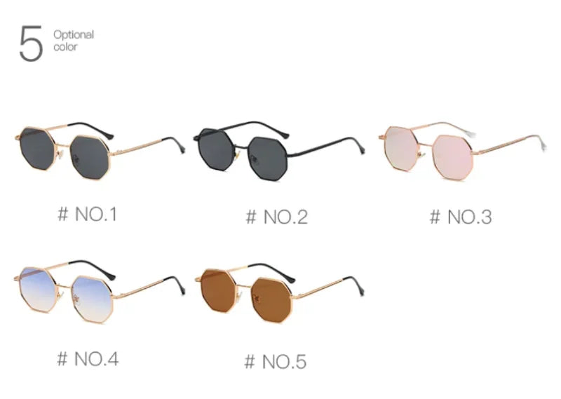 Óculos de Sol Femininos Vintage Polygonal, Marca Fashion, Armação Pequena de Metal com Detalhes Dourados e Lentes Degradê