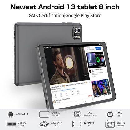 Tablet PRITOM de 8 polegadas Android 13, 8GB (4+4 Expansível) RAM, 64GB ROM, Expansão até 1TB, Tela IPS 1280x800, Bateria 5000mAh, Câmera Dupla, WiFi