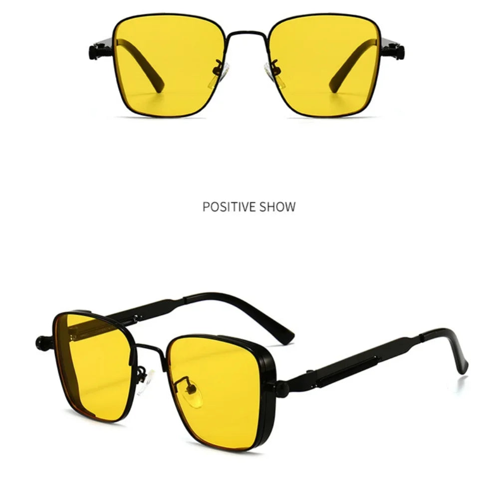 Óculos de Sol Masculino Vintage Steampunk Quadrado Armação de Metal com Dobradiças de Mola Óculos Femininos de Tendência para Motoristas