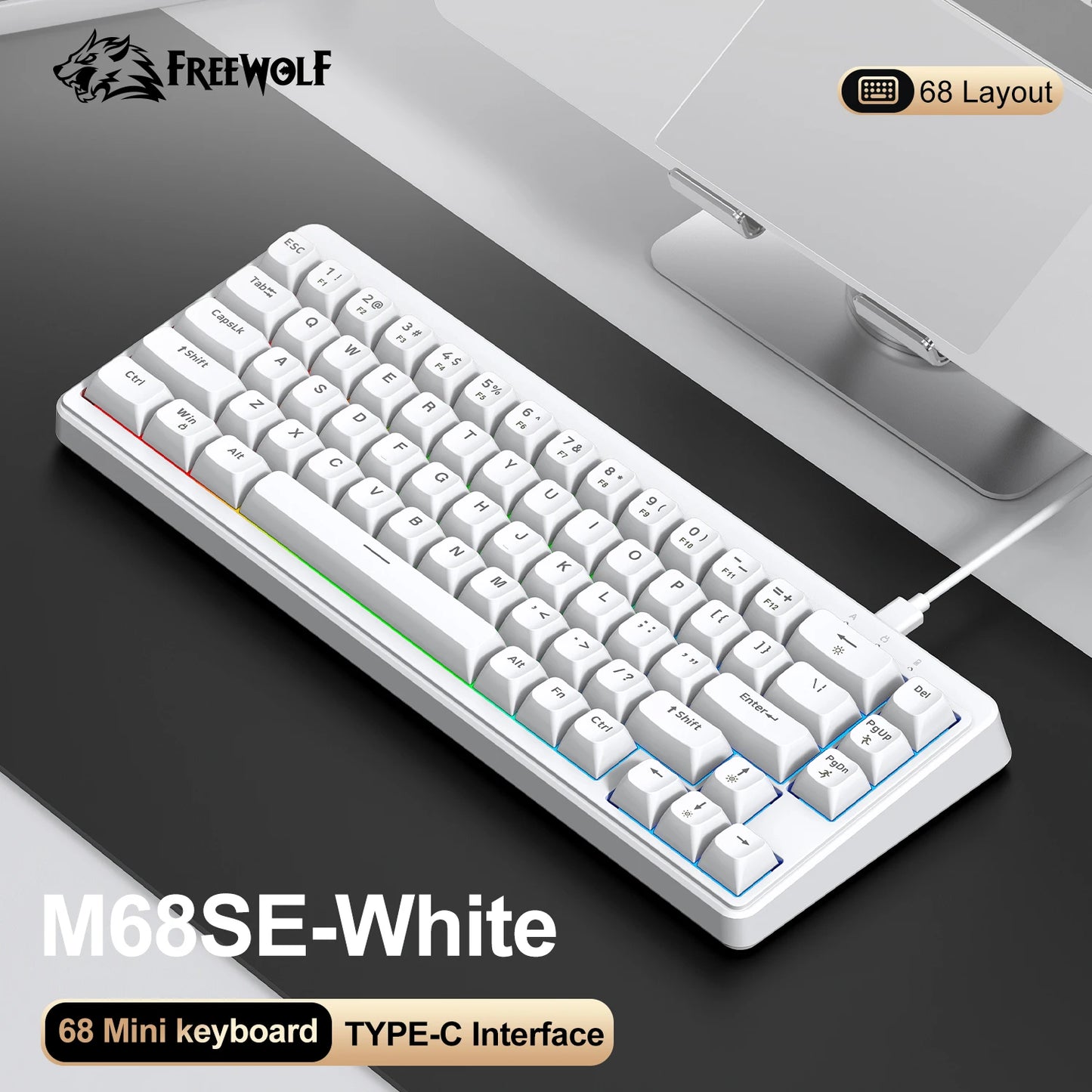Teclado Mecânico Feel FREEWOLF M68SE 68 Teclas Mini Com Fio Compacto Silencioso para Laptops, Jogos e Uso de Escritório