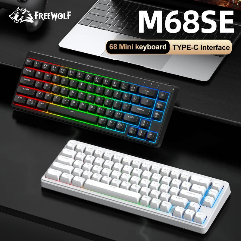 Teclado Mecânico Feel FREEWOLF M68SE 68 Teclas Mini Com Fio Compacto Silencioso para Laptops, Jogos e Uso de Escritório