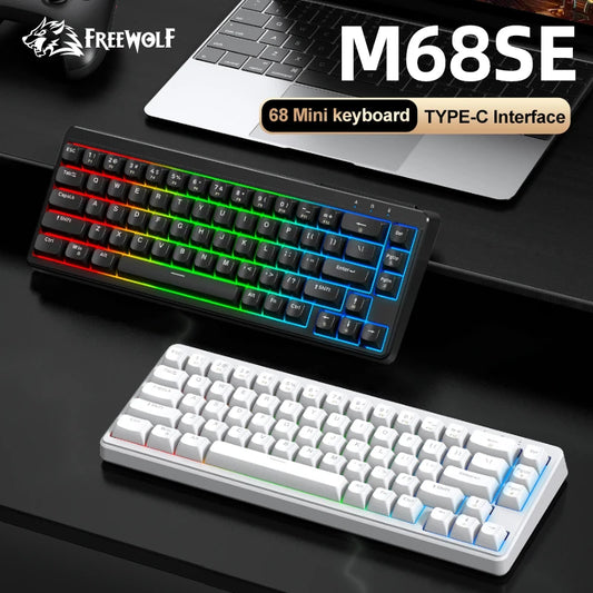 Teclado Mecânico Feel FREEWOLF M68SE 68 Teclas Mini Com Fio Compacto Silencioso para Laptops, Jogos e Uso de Escritório