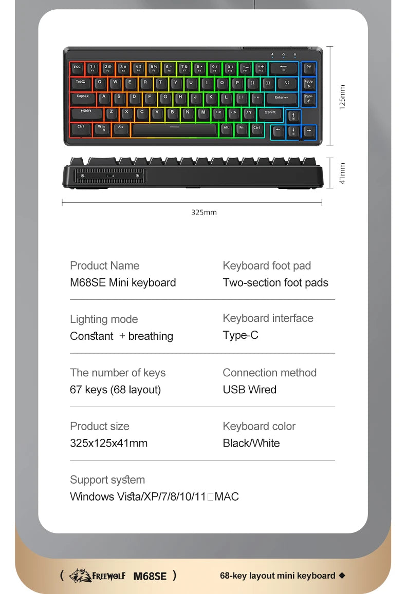 Teclado Mecânico Feel FREEWOLF M68SE 68 Teclas Mini Com Fio Compacto Silencioso para Laptops, Jogos e Uso de Escritório