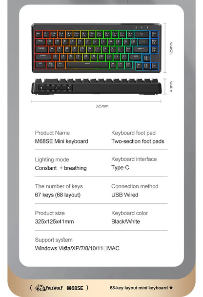 Teclado Mecânico Feel FREEWOLF M68SE 68 Teclas Mini Com Fio Compacto Silencioso para Laptops, Jogos e Uso de Escritório