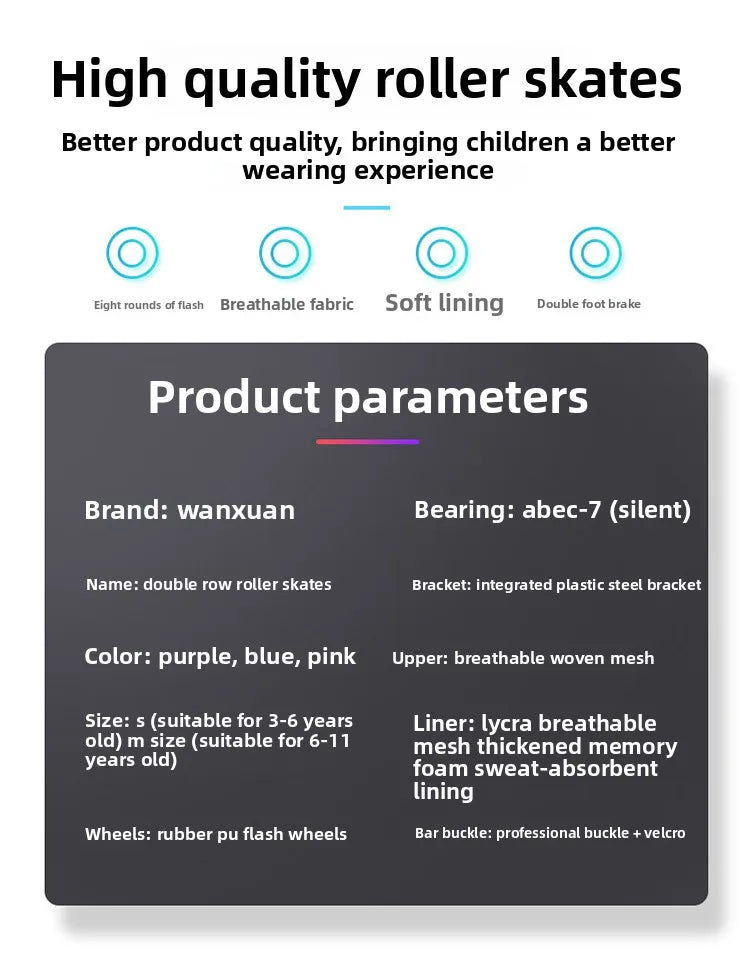 Patins Elegantes de Quatro Tamanhos Ajustáveis com Dupla Fila para Crianças