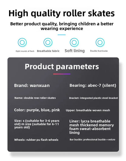 Patins Elegantes de Quatro Tamanhos Ajustáveis com Dupla Fila para Crianças