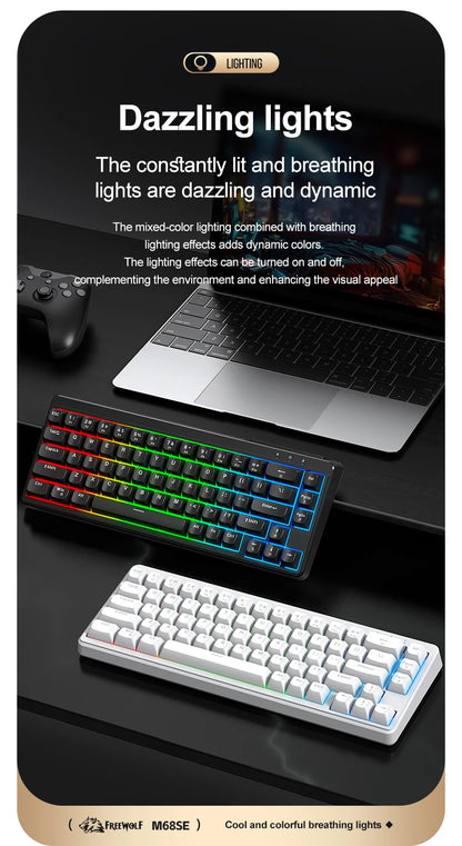 Teclado Mecânico Feel FREEWOLF M68SE 68 Teclas Mini Com Fio Compacto Silencioso para Laptops, Jogos e Uso de Escritório