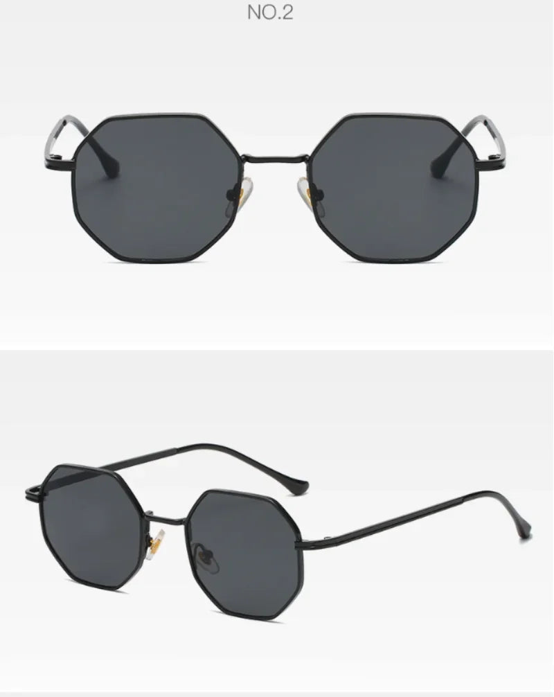 Óculos de Sol Femininos Vintage Polygonal, Marca Fashion, Armação Pequena de Metal com Detalhes Dourados e Lentes Degradê