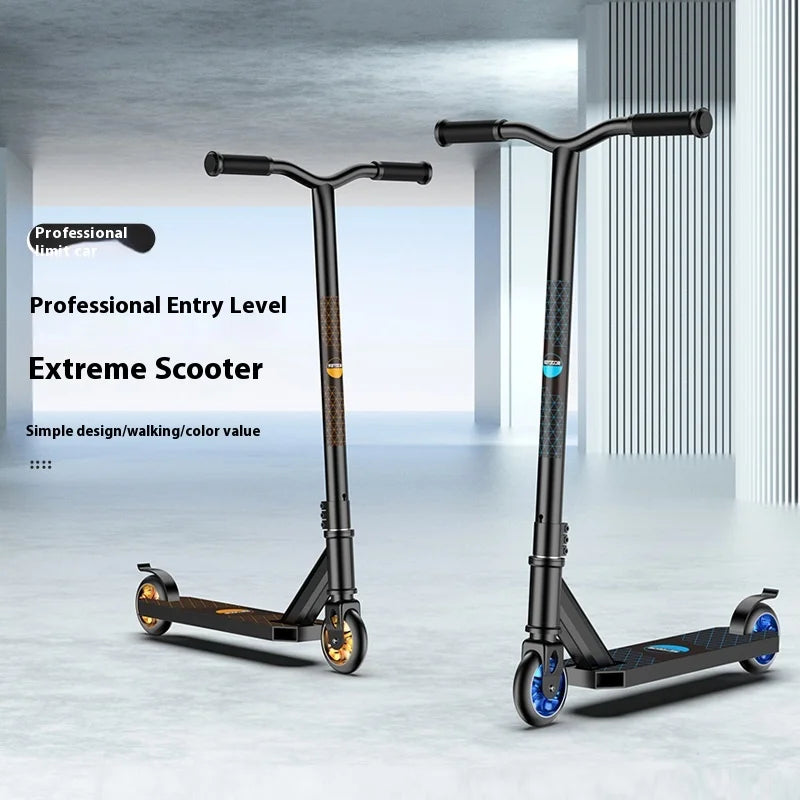 Adolescente profissional de scooter de manobras adulto elegante mostrando extremo carro de duas rodas scooter passeio de scooter