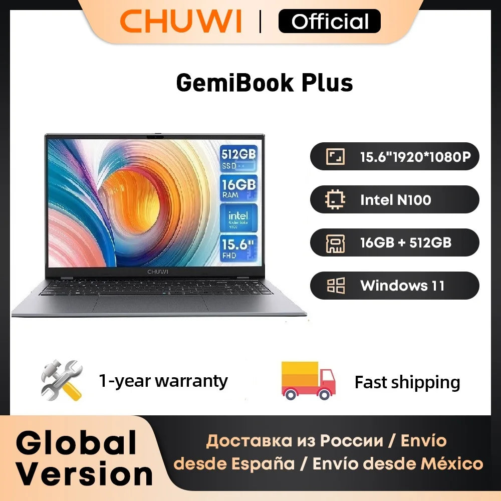 Notebook CHUWI GemiBook Plus 15,6'' 16GB RAM 512GB SSD Computador Windows 11 Laptop 12ª Geração Intel Alder Lake N150 / N100