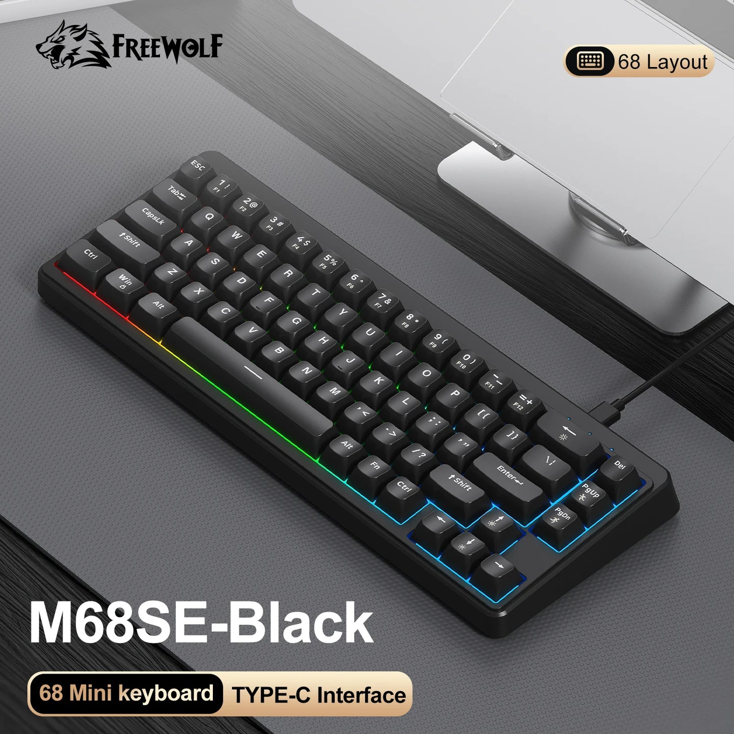 Teclado Mecânico Feel FREEWOLF M68SE 68 Teclas Mini Com Fio Compacto Silencioso para Laptops, Jogos e Uso de Escritório