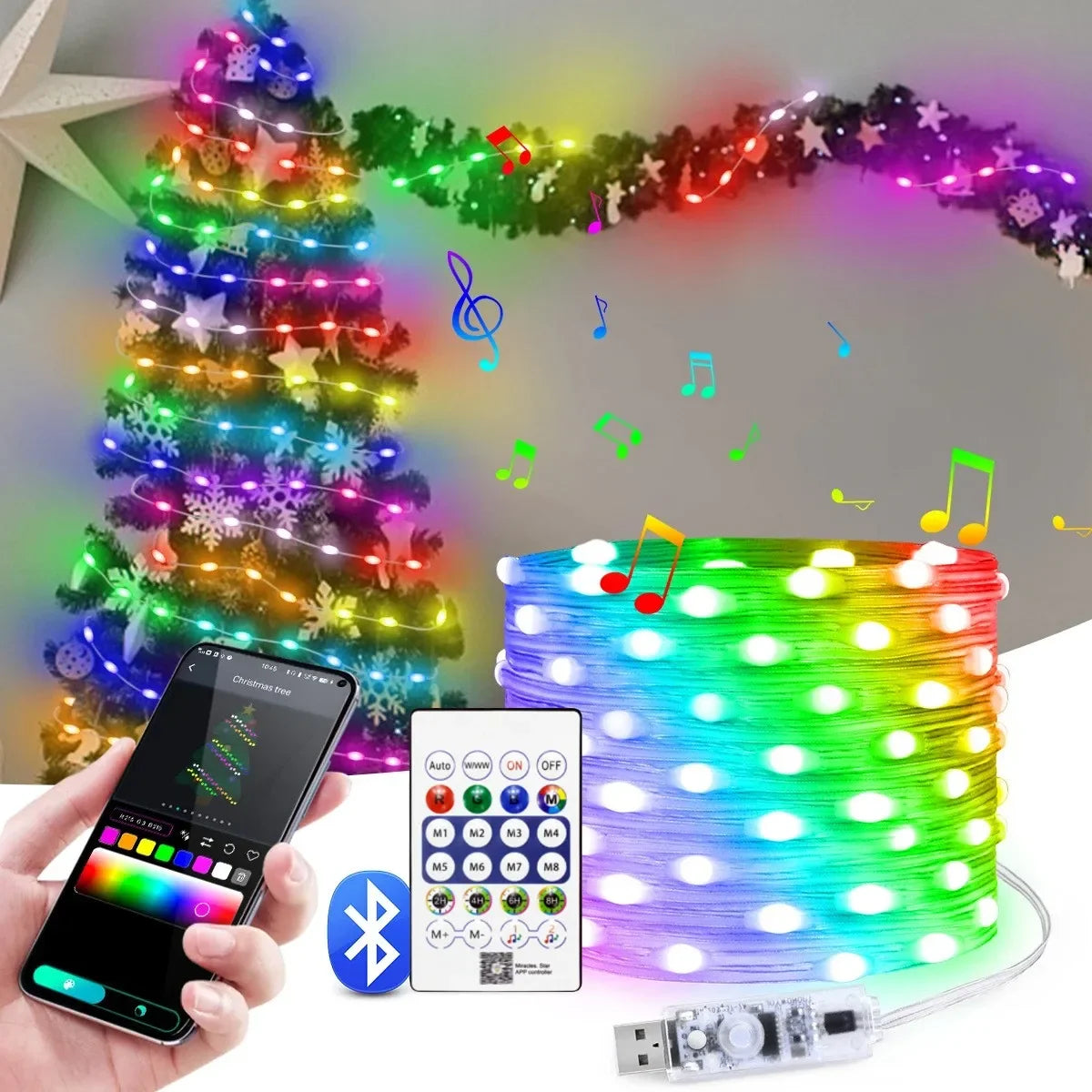 Luzez LED RGB USB 5M/10M/15M/20M com App Bluetooth, para Decoração de Natal, Casamento e Festa de Aniversário e muito Mais