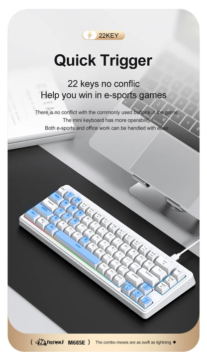 Teclado Mecânico Feel FREEWOLF M68SE 68 Teclas Mini Com Fio Compacto Silencioso para Laptops, Jogos e Uso de Escritório