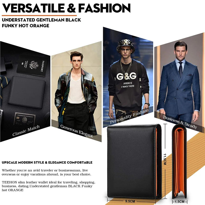 Carteiras Masculinas Slim em Couro Legítimo com Bloqueio RFID, Bolso para Moedas, 2 Compartimentos para Notas e 10 Slots para Cartões de Crédito