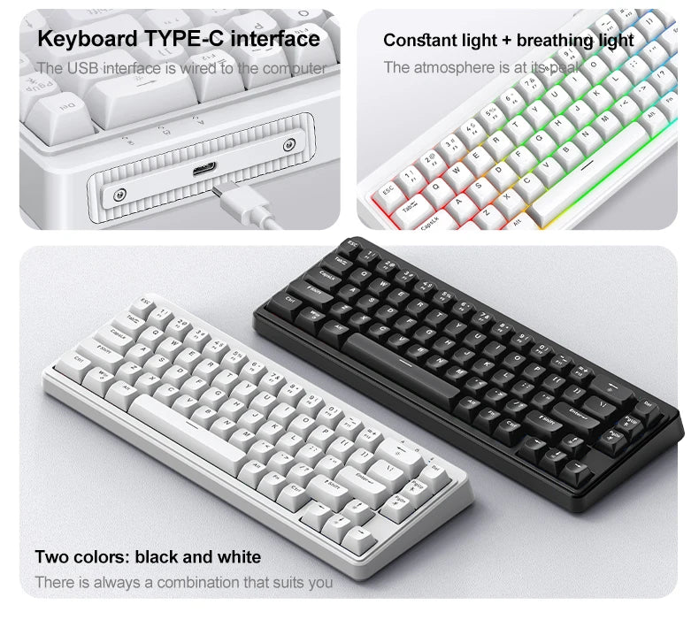 Teclado Mecânico Feel FREEWOLF M68SE 68 Teclas Mini Com Fio Compacto Silencioso para Laptops, Jogos e Uso de Escritório