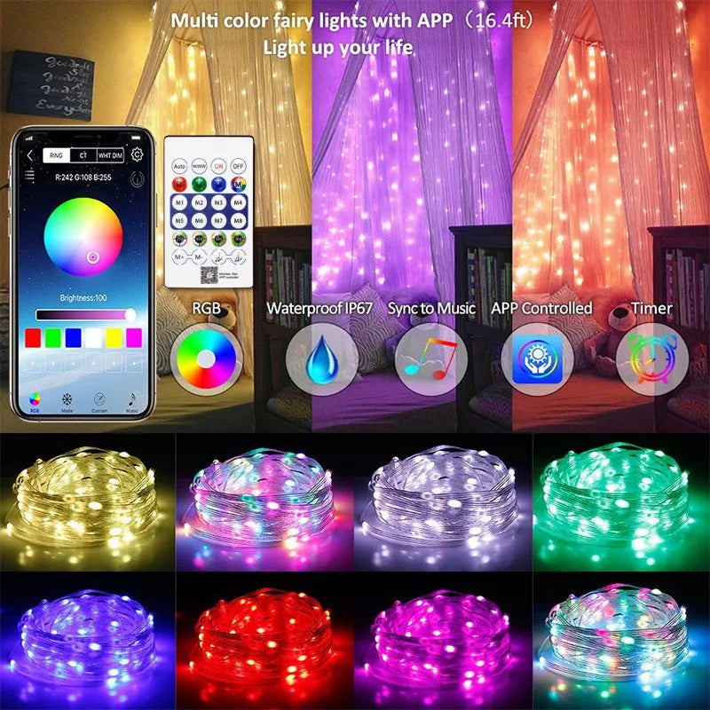 Luzez LED RGB USB 5M/10M/15M/20M com App Bluetooth, para Decoração de Natal, Casamento e Festa de Aniversário e muito Mais