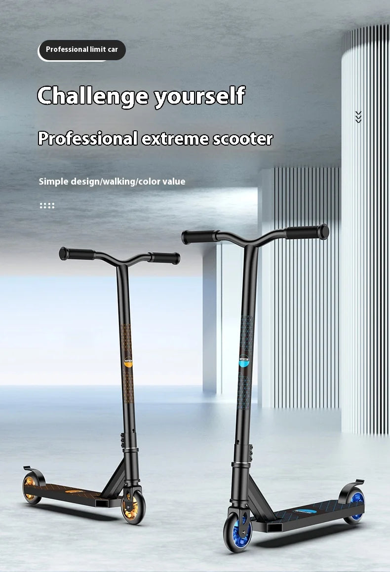 Adolescente profissional de scooter de manobras adulto elegante mostrando extremo carro de duas rodas scooter passeio de scooter