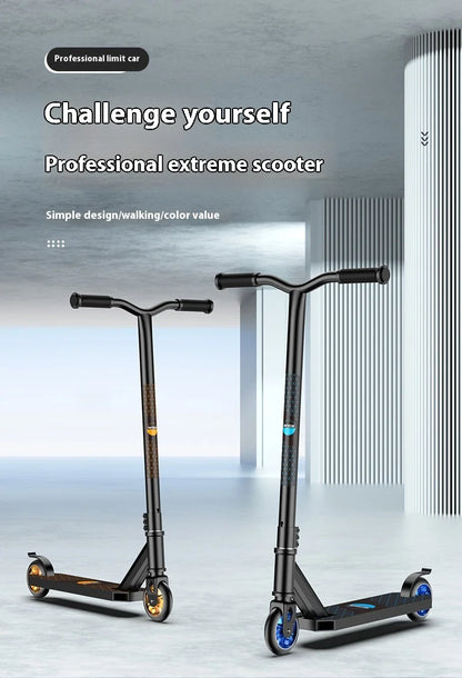 Adolescente profissional de scooter de manobras adulto elegante mostrando extremo carro de duas rodas scooter passeio de scooter