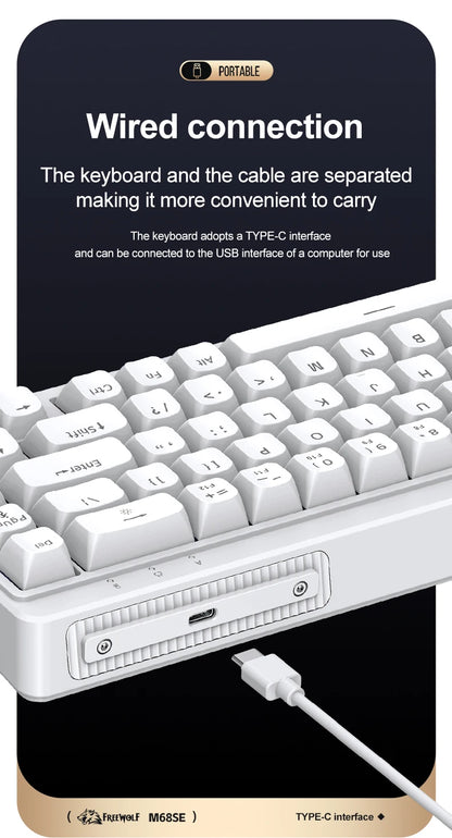 Teclado Mecânico Feel FREEWOLF M68SE 68 Teclas Mini Com Fio Compacto Silencioso para Laptops, Jogos e Uso de Escritório