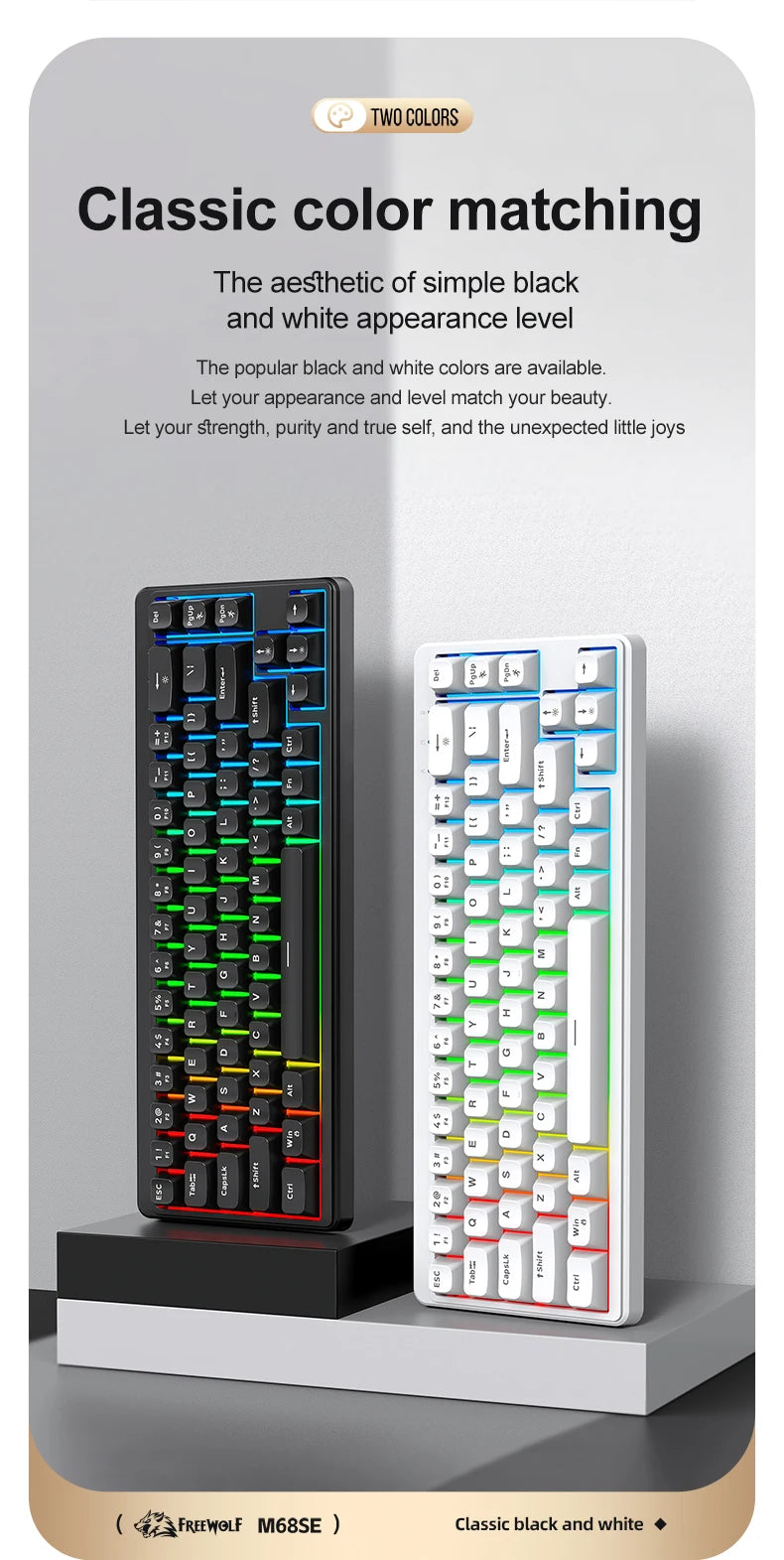 Teclado Mecânico Feel FREEWOLF M68SE 68 Teclas Mini Com Fio Compacto Silencioso para Laptops, Jogos e Uso de Escritório