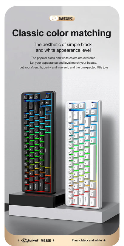 Teclado Mecânico Feel FREEWOLF M68SE 68 Teclas Mini Com Fio Compacto Silencioso para Laptops, Jogos e Uso de Escritório