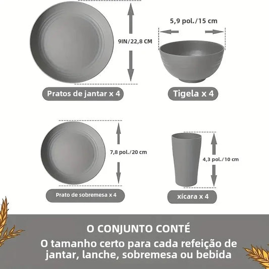 Novo Conjunto de 16 Peças de Pratos Não Quebráveis, Pratos de Palha de Trigo, Conjunto de Utensílios de Mesa, Seguros para Micro-ondas e Lava-louças, Utensílios Reutilizáveis