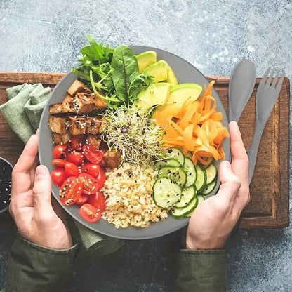 Novo Conjunto de 16 Peças de Pratos Não Quebráveis, Pratos de Palha de Trigo, Conjunto de Utensílios de Mesa, Seguros para Micro-ondas e Lava-louças, Utensílios Reutilizáveis