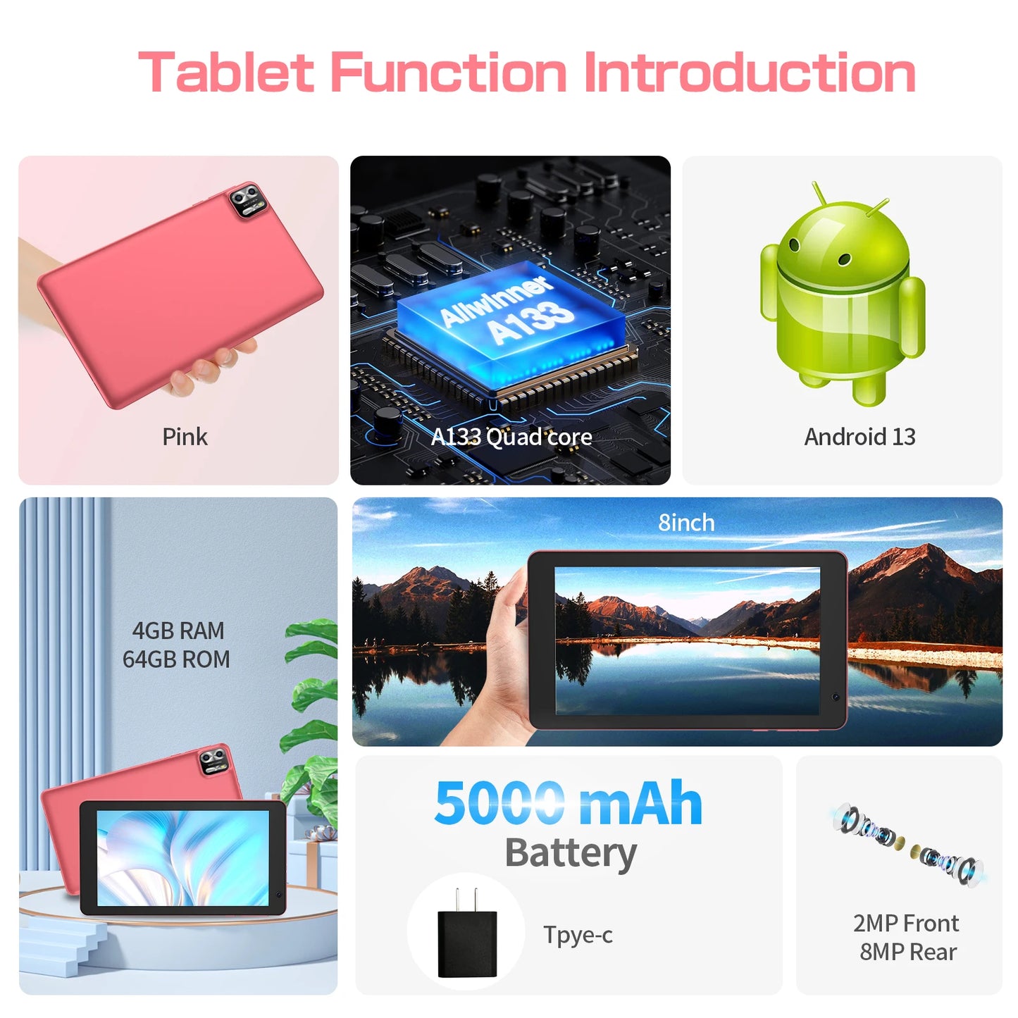 Tablet PRITOM de 8 polegadas Android 13, 8GB (4+4 Expansível) RAM, 64GB ROM, Expansão até 1TB, Tela IPS 1280x800, Bateria 5000mAh, Câmera Dupla, WiFi
