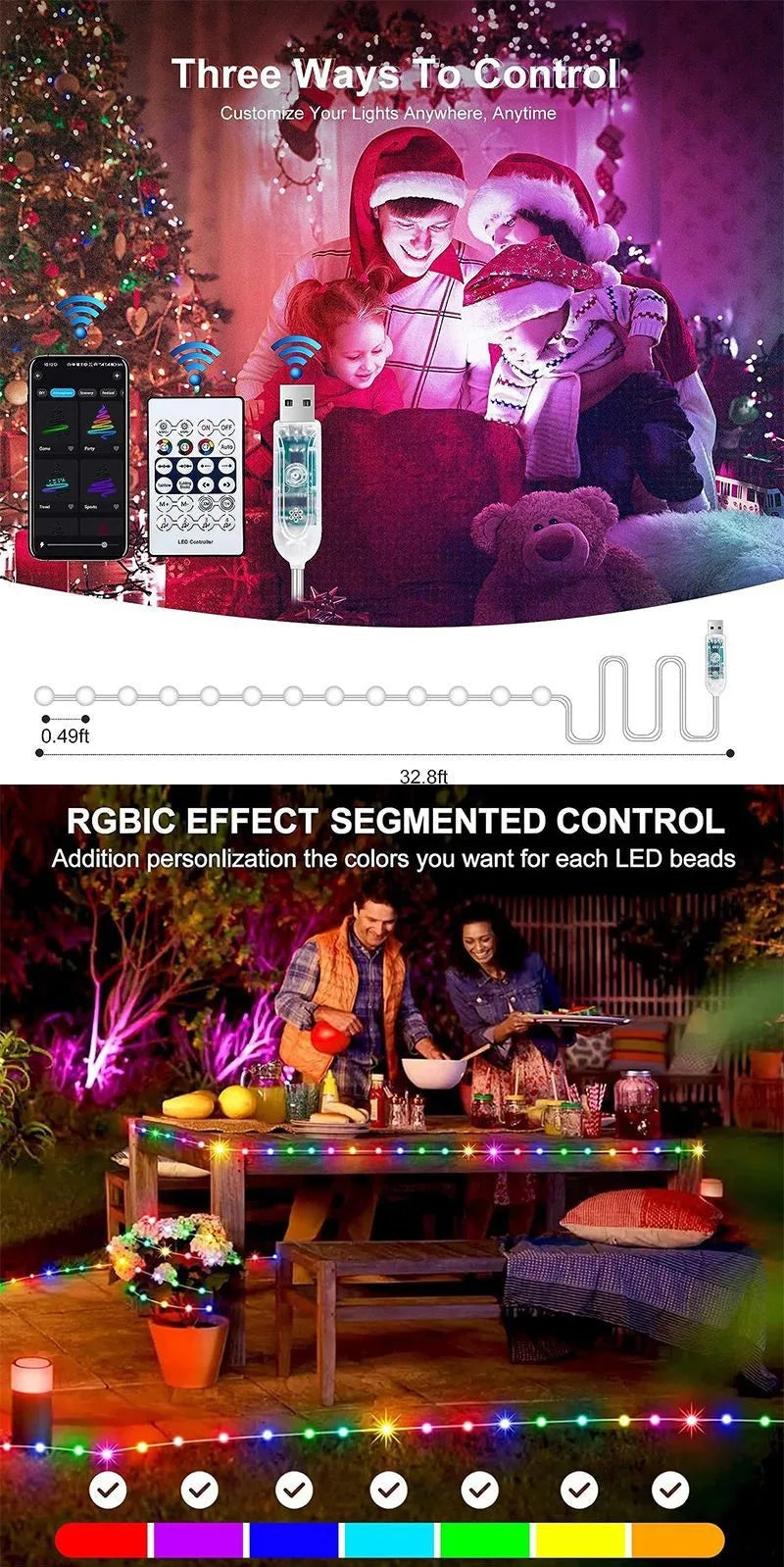 Luzez LED RGB USB 5M/10M/15M/20M com App Bluetooth, para Decoração de Natal, Casamento e Festa de Aniversário e muito Mais