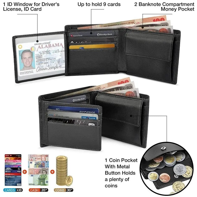 Carteiras Masculinas Slim em Couro Legítimo com Bloqueio RFID, Bolso para Moedas, 2 Compartimentos para Notas e 10 Slots para Cartões de Crédito