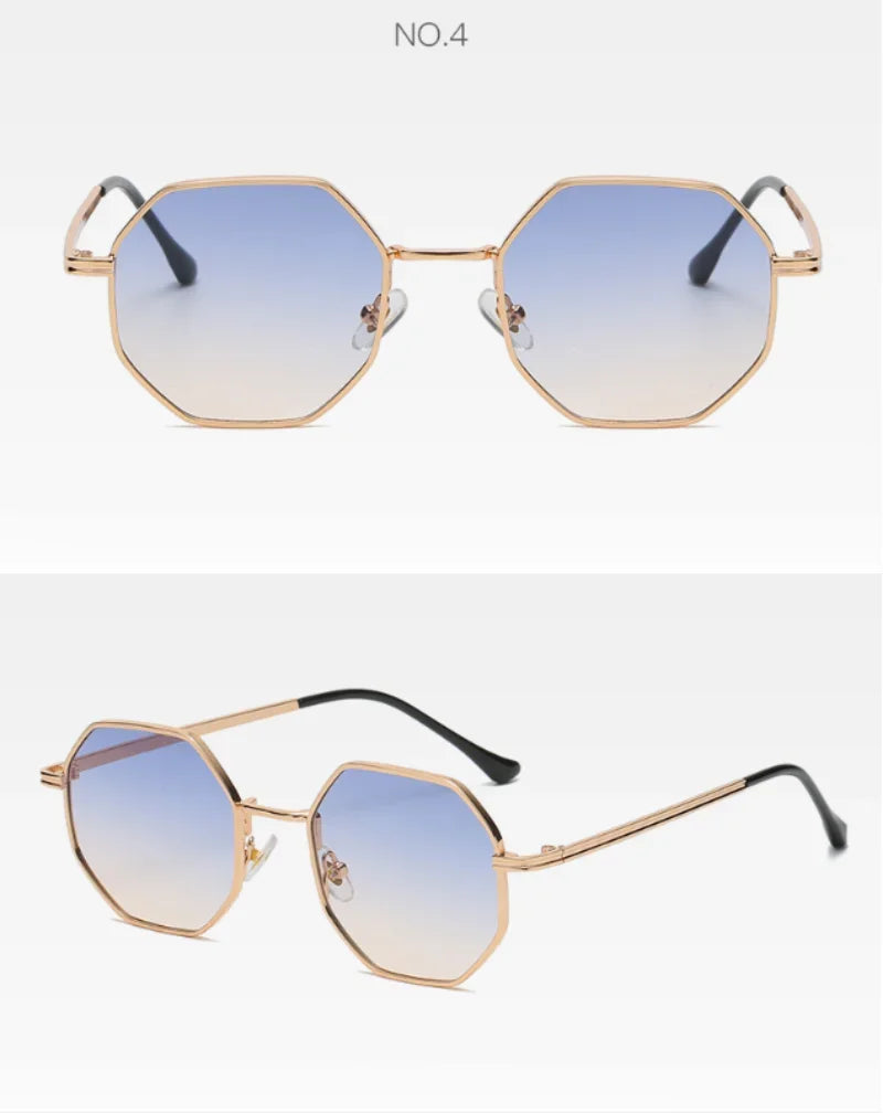 Óculos de Sol Femininos Vintage Polygonal, Marca Fashion, Armação Pequena de Metal com Detalhes Dourados e Lentes Degradê