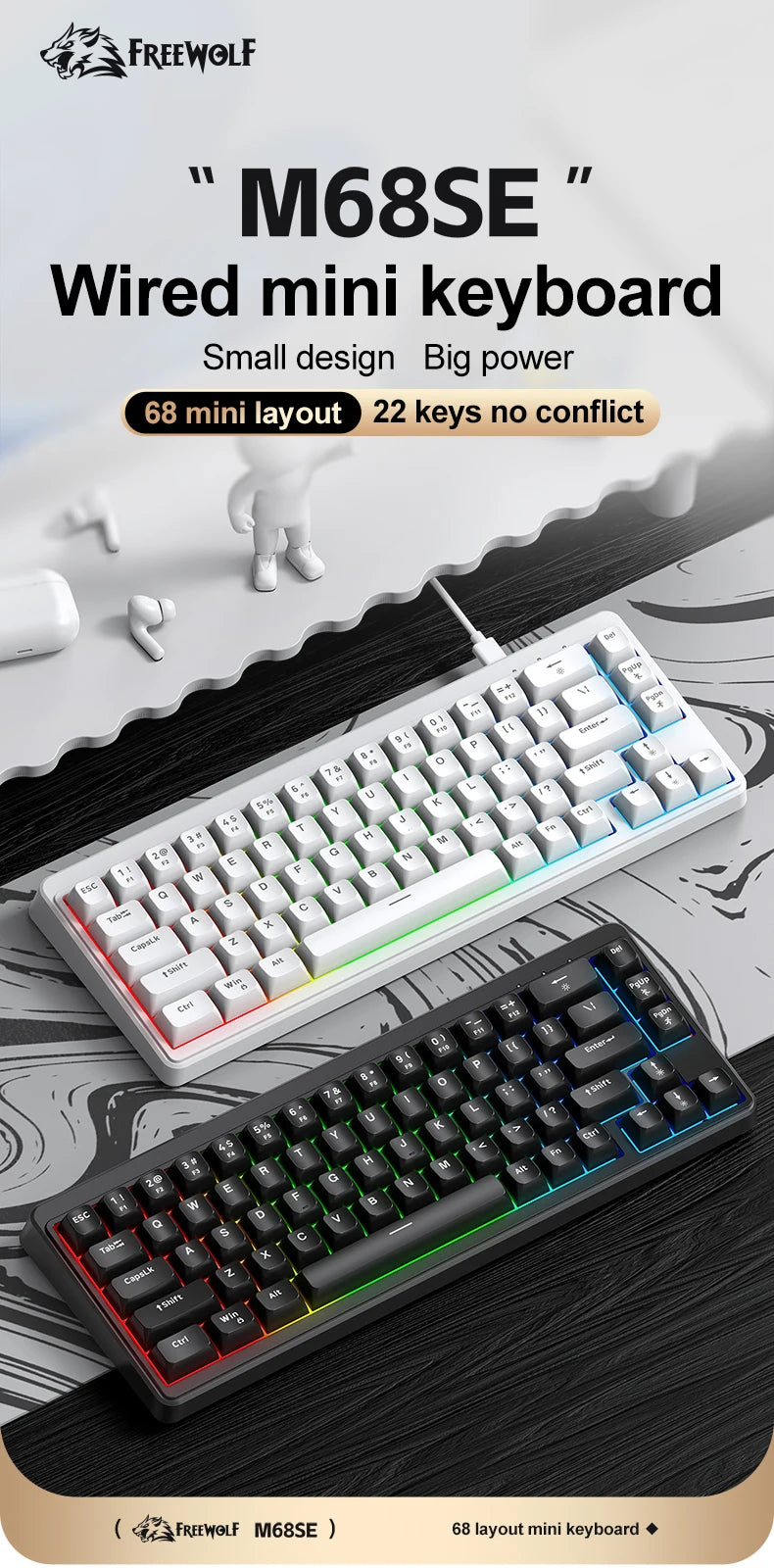 Teclado Mecânico Feel FREEWOLF M68SE 68 Teclas Mini Com Fio Compacto Silencioso para Laptops, Jogos e Uso de Escritório