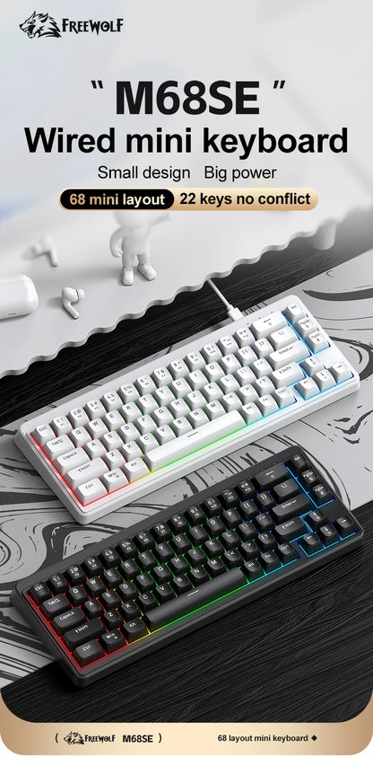 Teclado Mecânico Feel FREEWOLF M68SE 68 Teclas Mini Com Fio Compacto Silencioso para Laptops, Jogos e Uso de Escritório