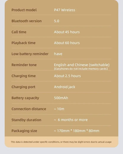 Stereo P47 Headset 5.0 Bluetooth Headset Folding Series Wireless Outdoor SportsHeadset for iPhone Samsung PC Game Accessories