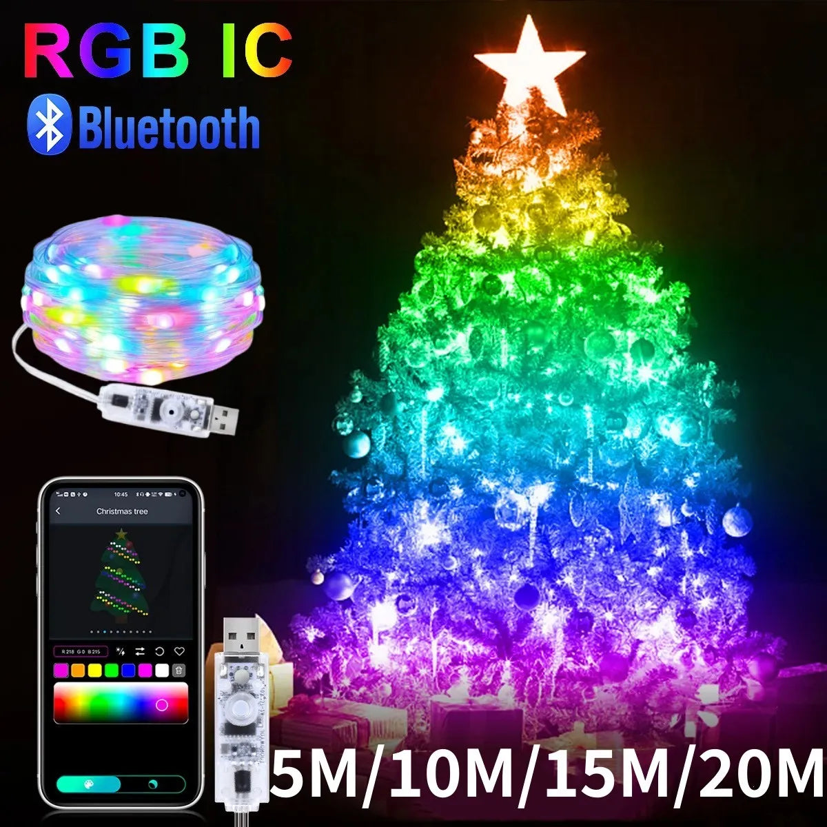 Luzez LED RGB USB 5M/10M/15M/20M com App Bluetooth, para Decoração de Natal, Casamento e Festa de Aniversário e muito Mais