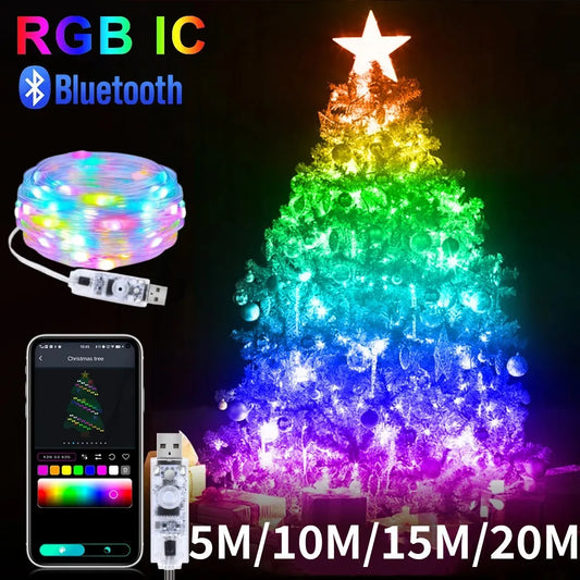 Luzez LED RGB USB 5M/10M/15M/20M com App Bluetooth, para Decoração de Natal, Casamento e Festa de Aniversário e muito Mais