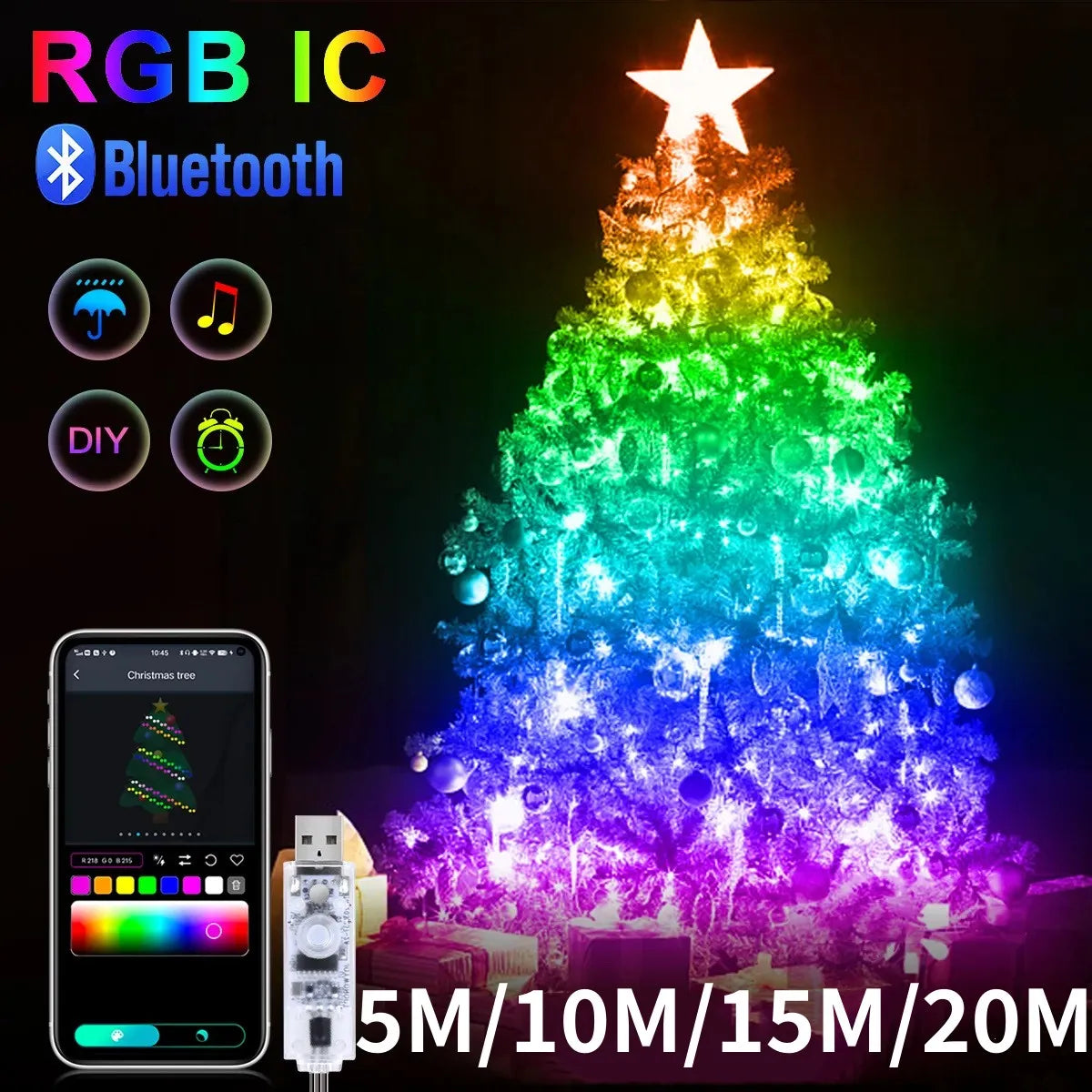 Luzez LED RGB USB 5M/10M/15M/20M com App Bluetooth, para Decoração de Natal, Casamento e Festa de Aniversário e muito Mais
