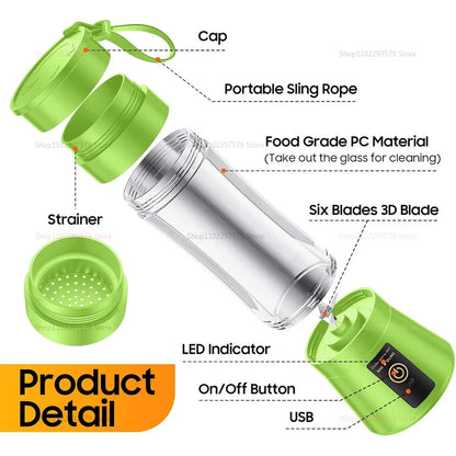 Liquidificador de suco doméstico de 380ml, mini espremedor elétrico USB recarregável, eletrodoméstico para uso doméstico